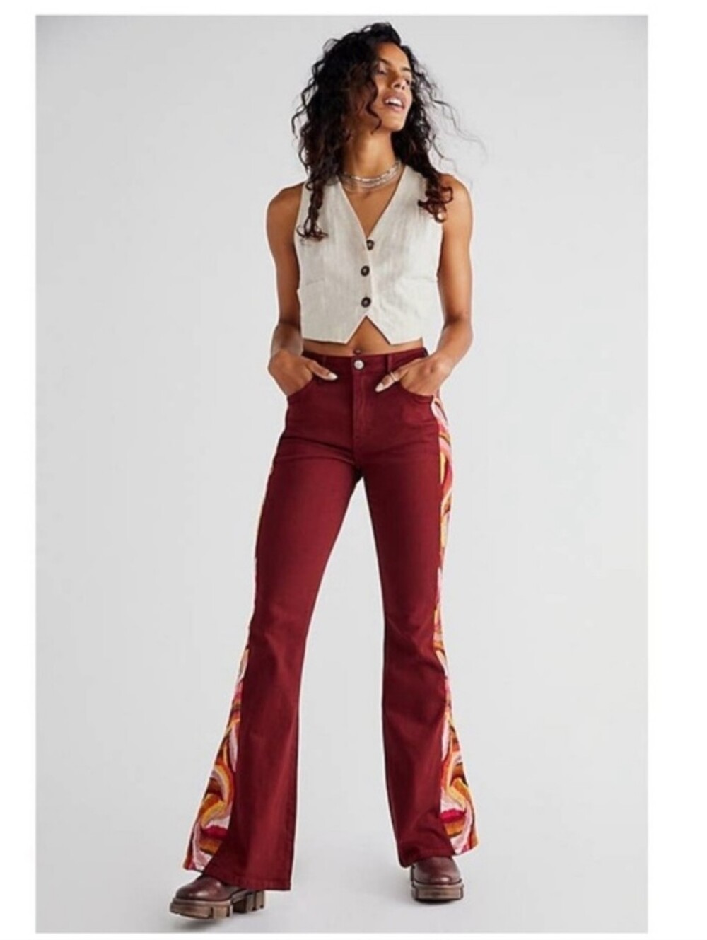 Free People Driftwood Farrah Embroidered Flare Jeans Garnet. NWT.